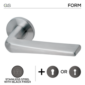 Krone Black, Lever Handles, Form, On Round Rose, With Escutcheons, Black Stainless Steel, QS