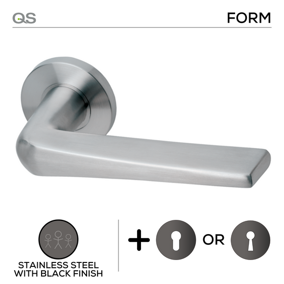 Krone Black, Lever Handles, Form, On Round Rose, With Escutcheons, Black Stainless Steel, QS