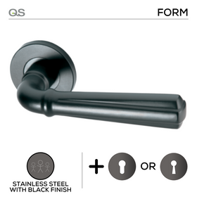 Karis Black, Lever Handle, Mork Range Form, On Round Rose, With Escutcheons, Black Stainless Steel, QS