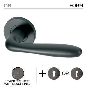 Lamu Black, Lever Handle, Mork Range Form, On Round Rose, With Escutcheons, Black Stainless Steel, QS