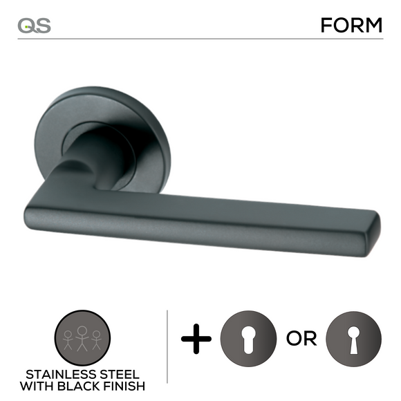 Pello Black, Lever Handle, Mork Range Form, On Round Rose, With Escutcheons, Black Stainless Steel, QS