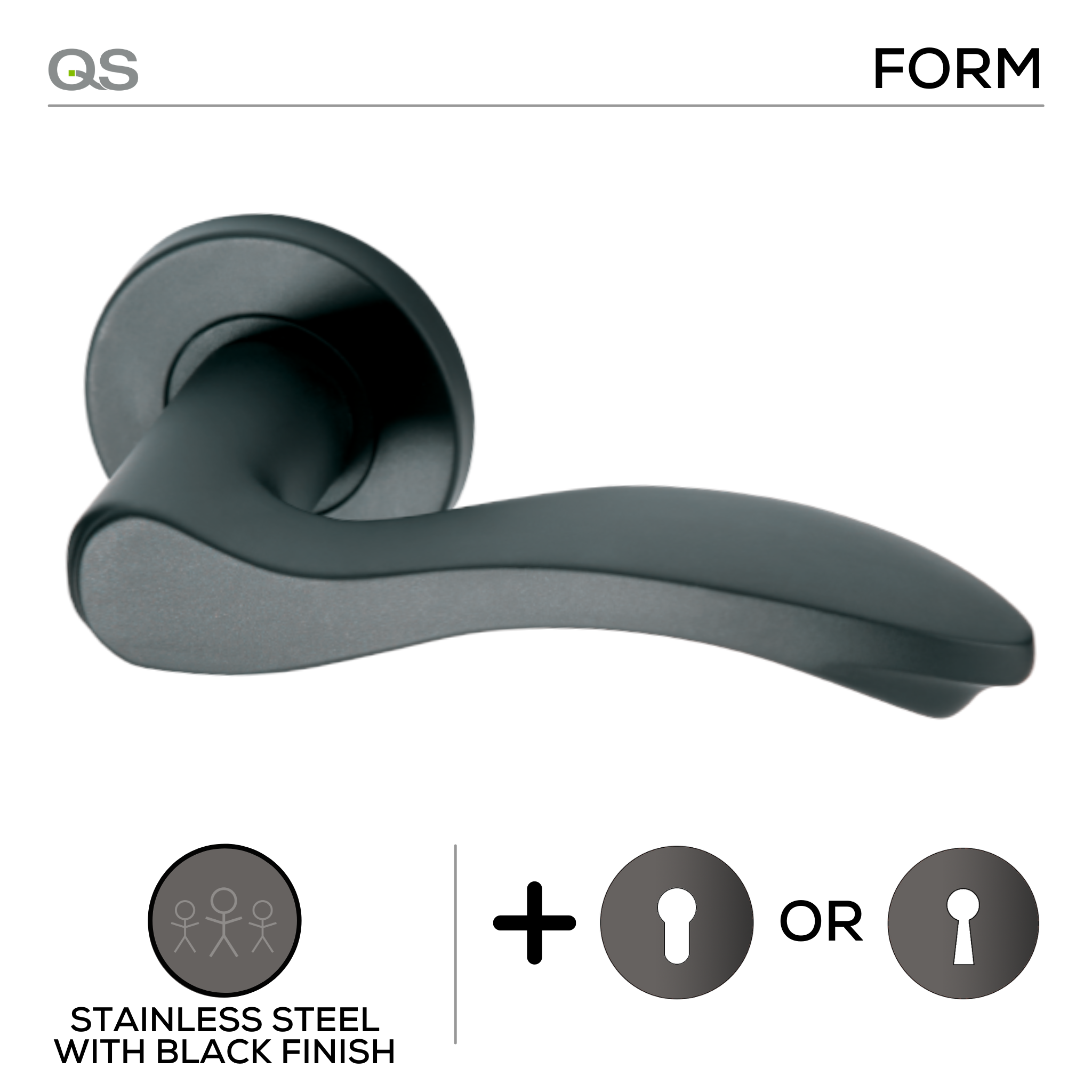 Salo Black, Lever Handle, Mork Range Form, On Round Rose, With Escutcheons, Black Stainless Steel, QS