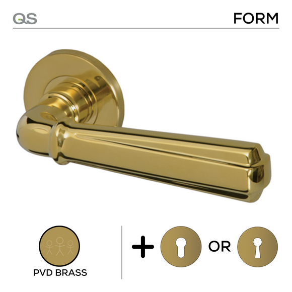 Karis PVD, Lever Handles, Form, On Round Rose, With Escutcheons, PVD Brass, QS