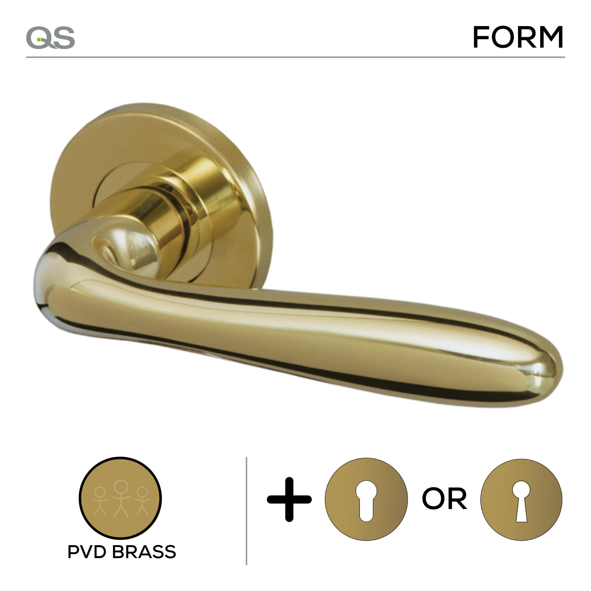 Lamu Form PVD, Lever Handles, Form, On Round Rose, With Escutcheons, PVD Brass, QS
