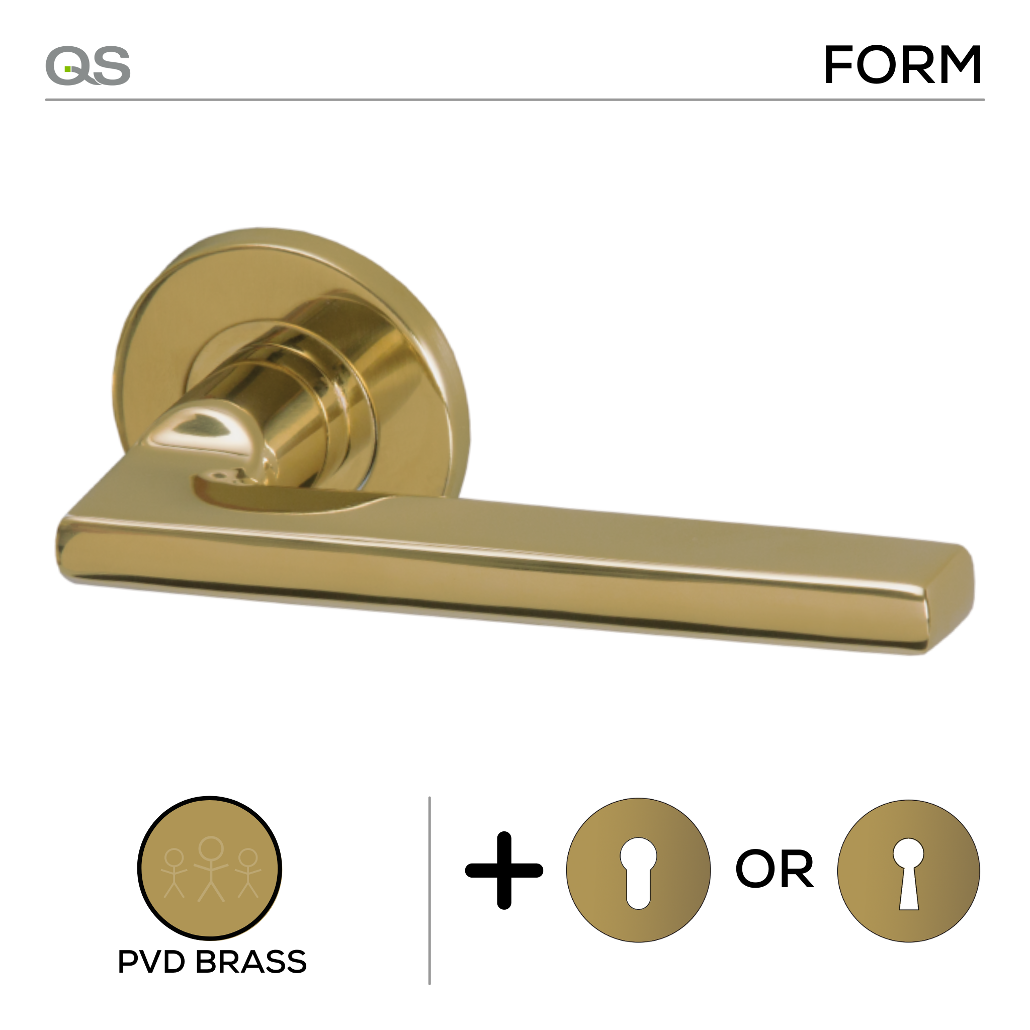Pello PVD, Lever Handles, Form, On Round Rose, With Escutcheons, PVD Brass, QS