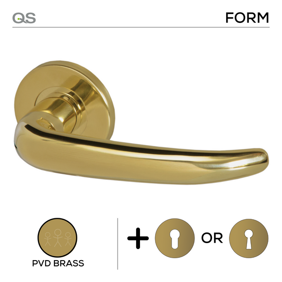 Riga PVD, Lever Handles, Form, On Round Rose, With Escutcheons, PVD Brass, QS