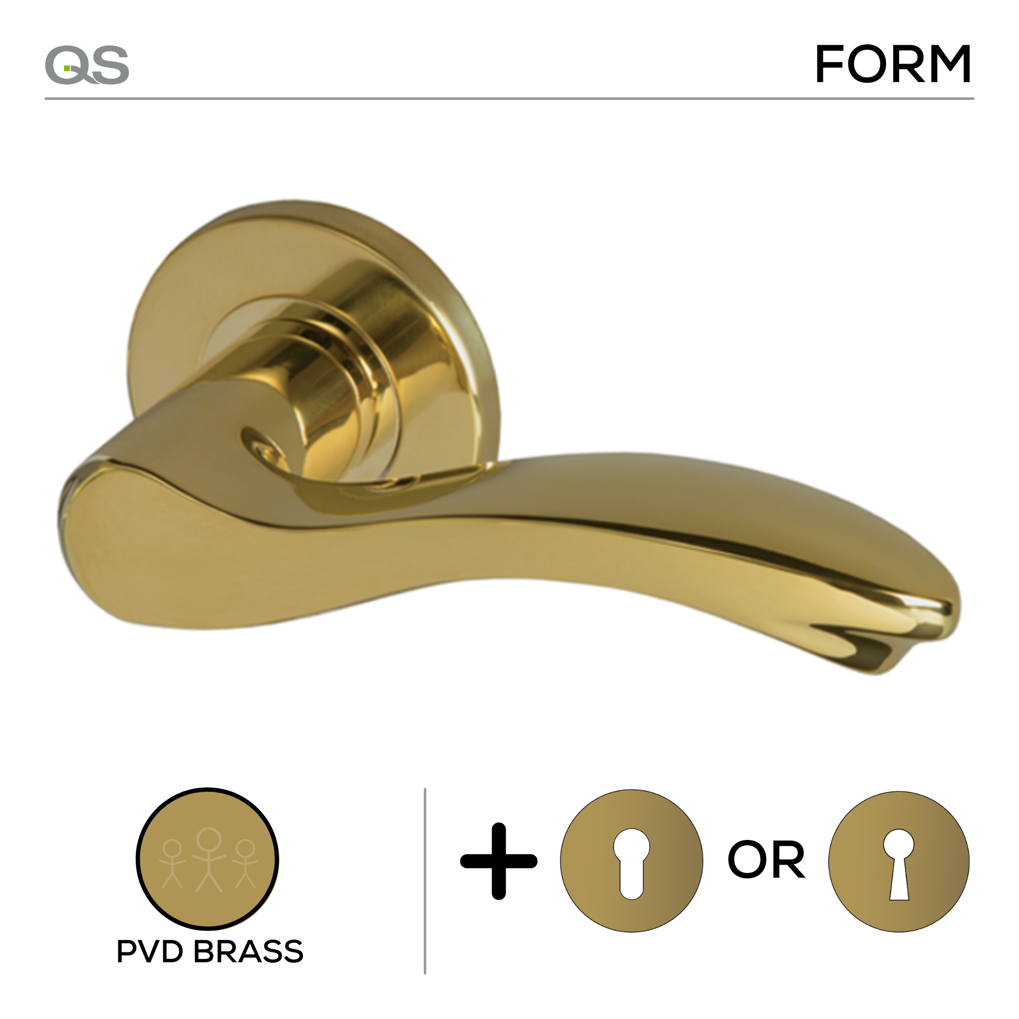Salo PVD, Lever Handles, Form, On Round Rose, With Escutcheons, PVD Brass, QS