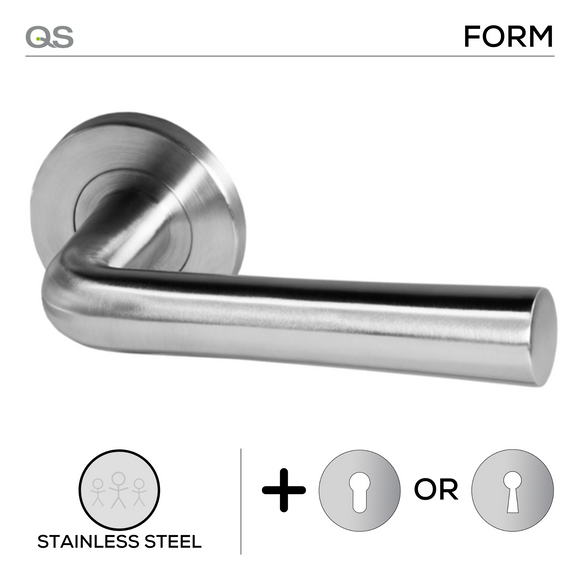 Bergen, Lever Handles, Form, On Round Rose, With Escutcheons, Stainless Steel, QS