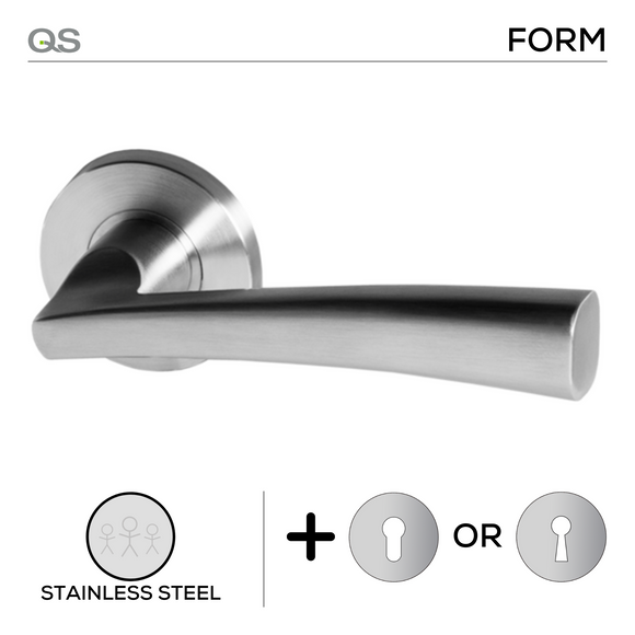 Flen, Lever Handles, Form, On Round Rose, With Escutcheons, Stainless Steel, QS