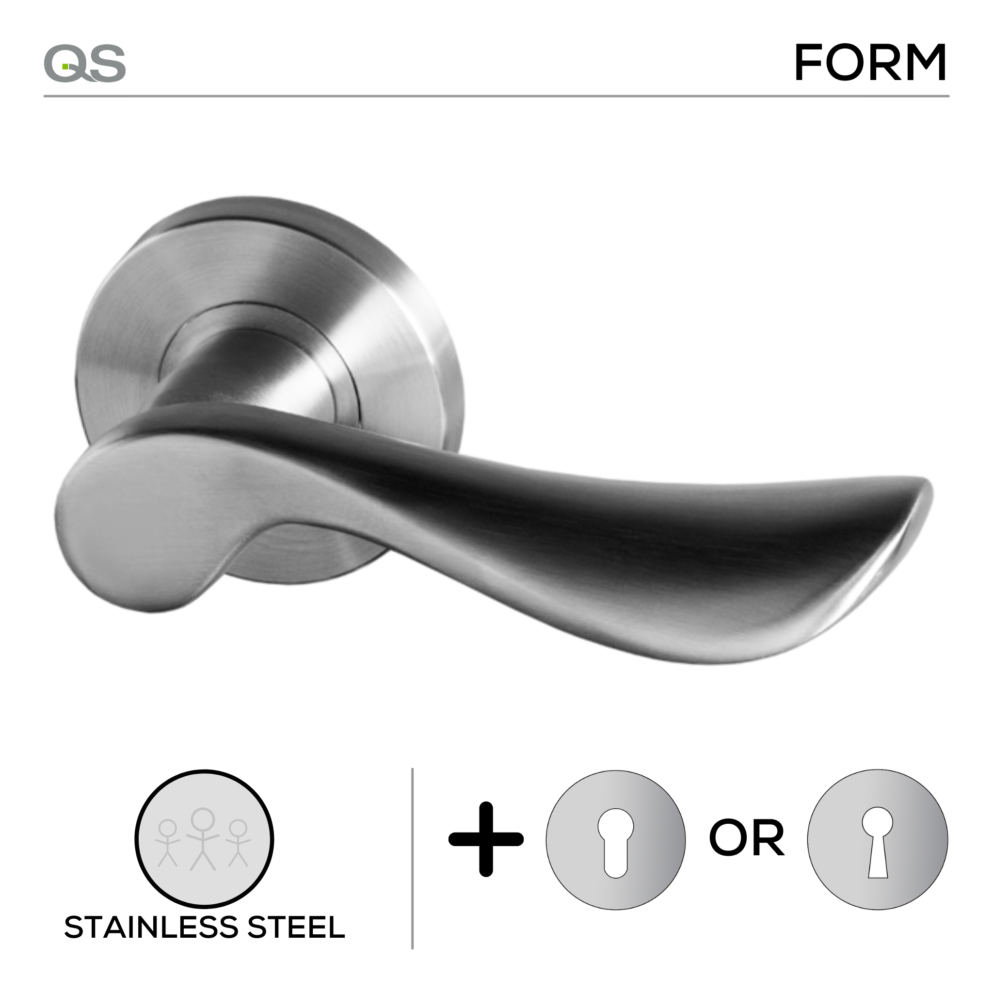 Floro, Lever Handles, Form, On Round Rose, With Escutcheons, Stainless Steel, QS