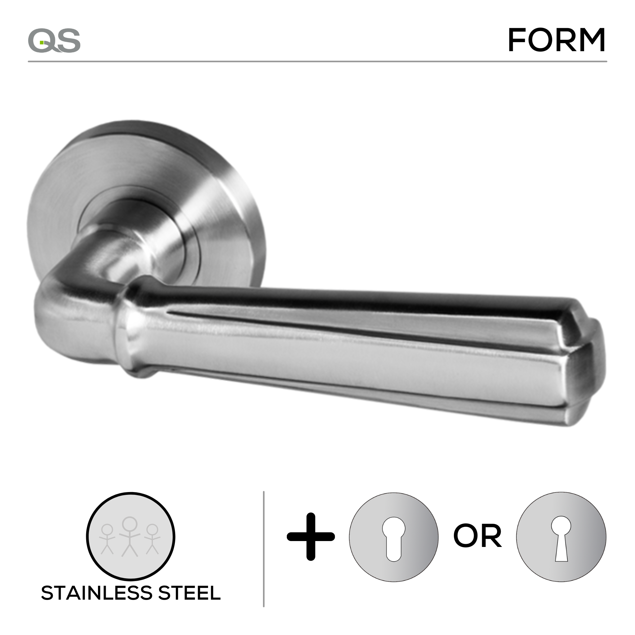 Karis, Lever Handles, Form, On Round Rose, With Escutcheons, Stainless Steel, QS