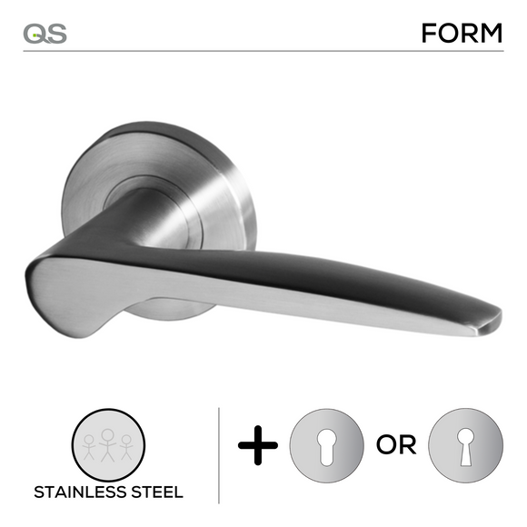 Lund, Lever Handles, Form, On Round Rose, With Escutcheons, Stainless Steel, QS