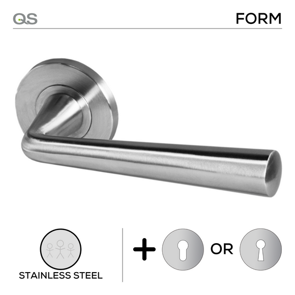 Malmo, Lever Handles, Form, On Round Rose, With Escutcheons, Stainless Steel, QS