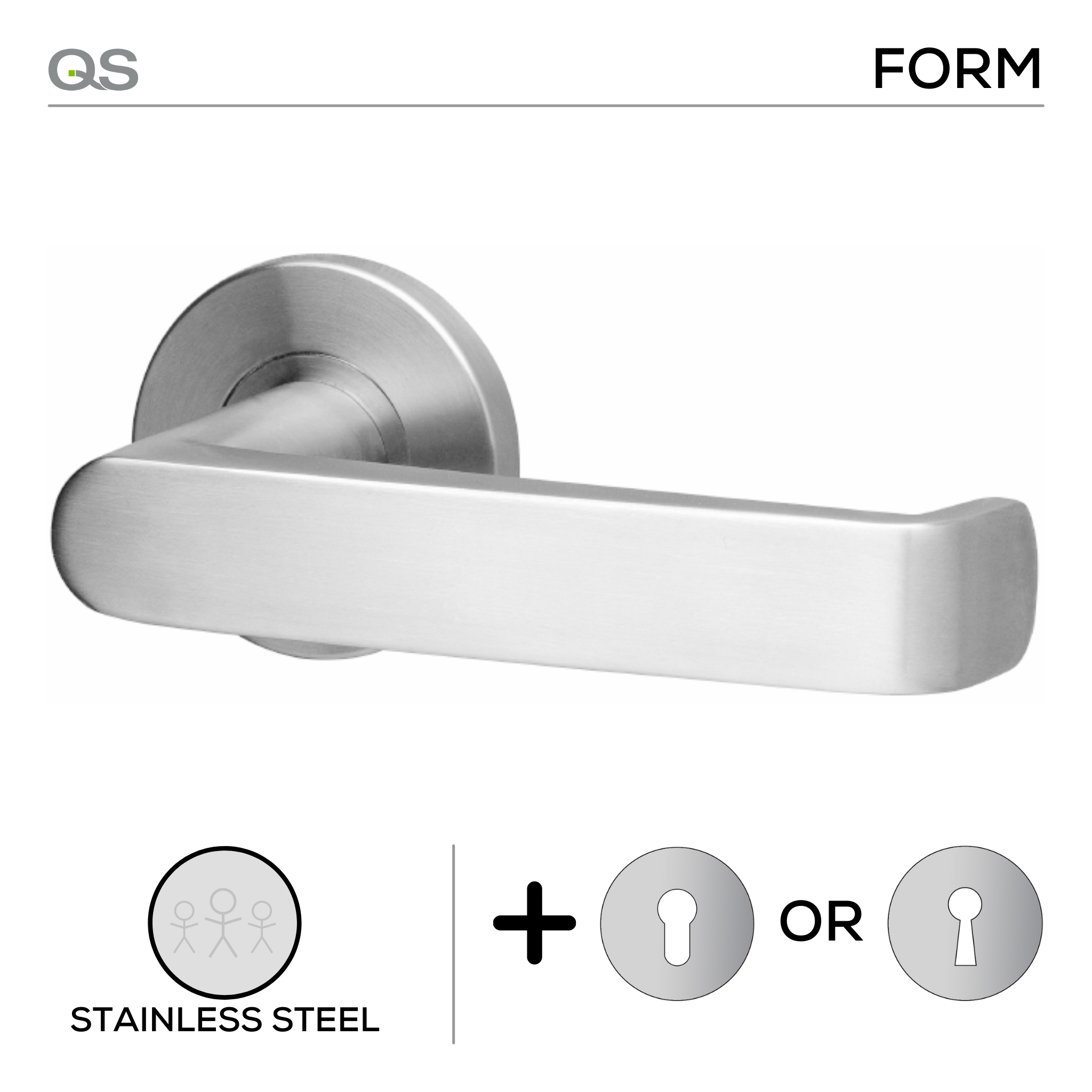 Mora, Lever Handle, Form, On Round Rose, With Escutcheons, Stainless Steel, Qs
