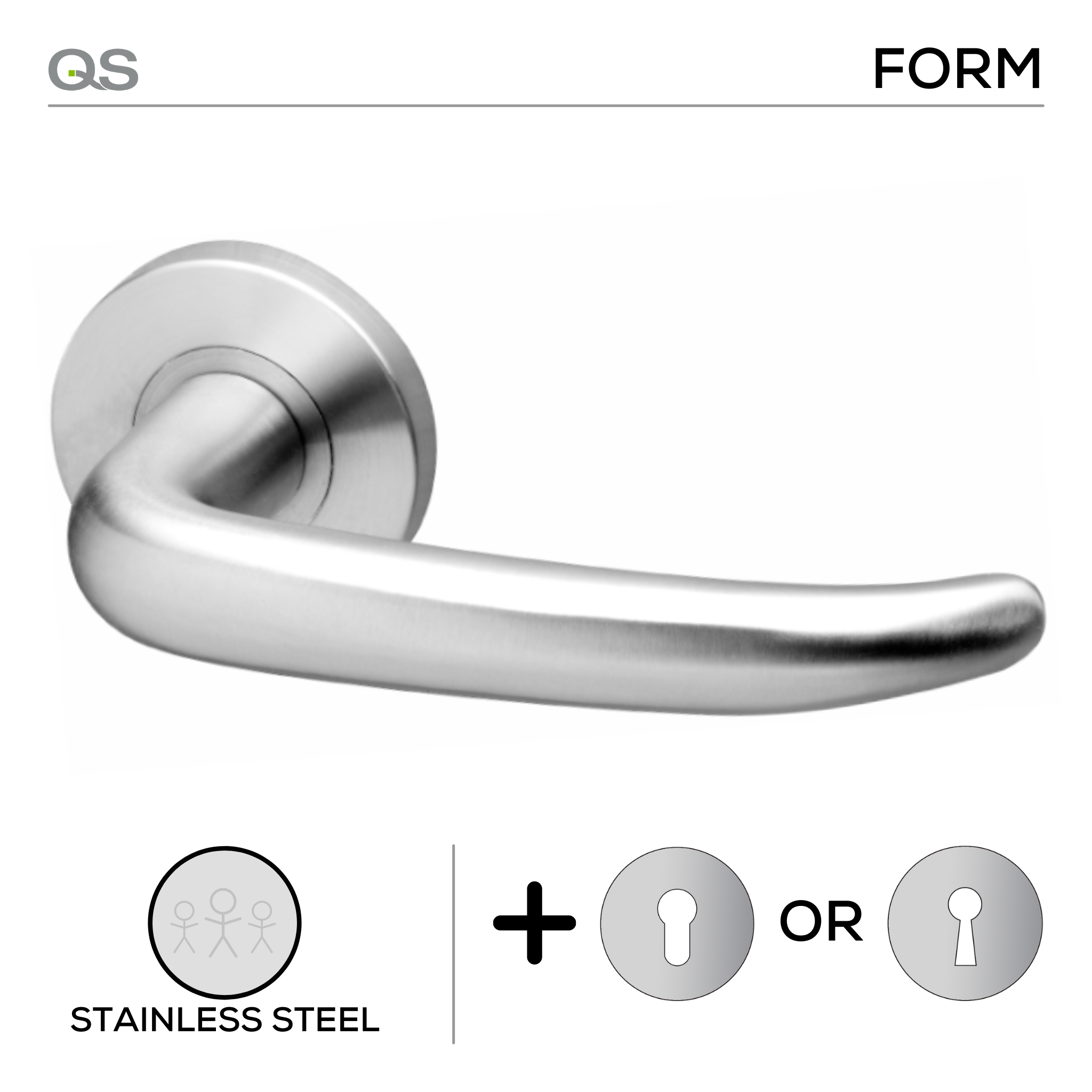 Riga, Lever Handles, Form, On Round Rose, With Escutcheons, Stainless Steel, QS
