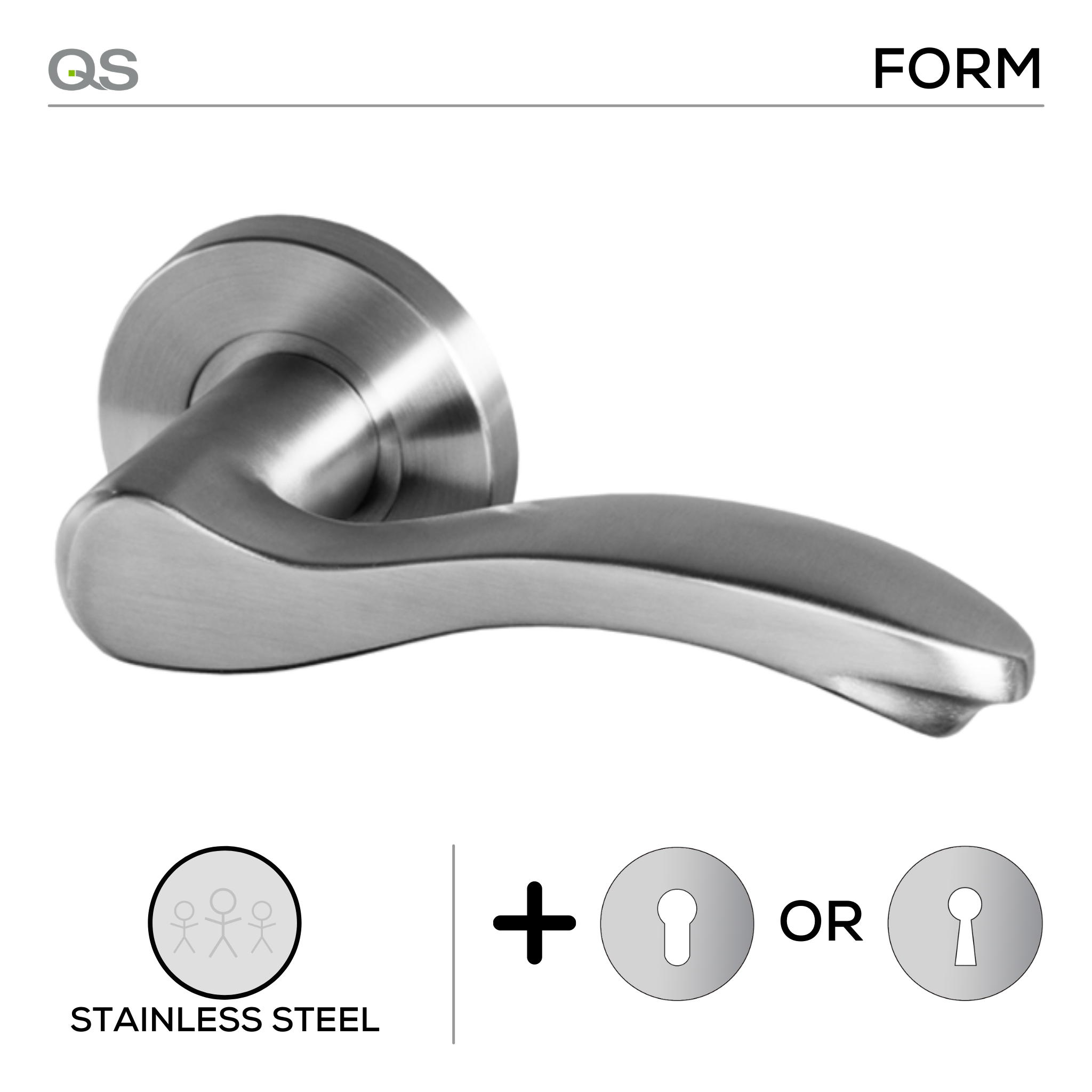 Salo, Lever Handles, Form, On Round Rose, With Escutcheons, Stainless Steel, QS