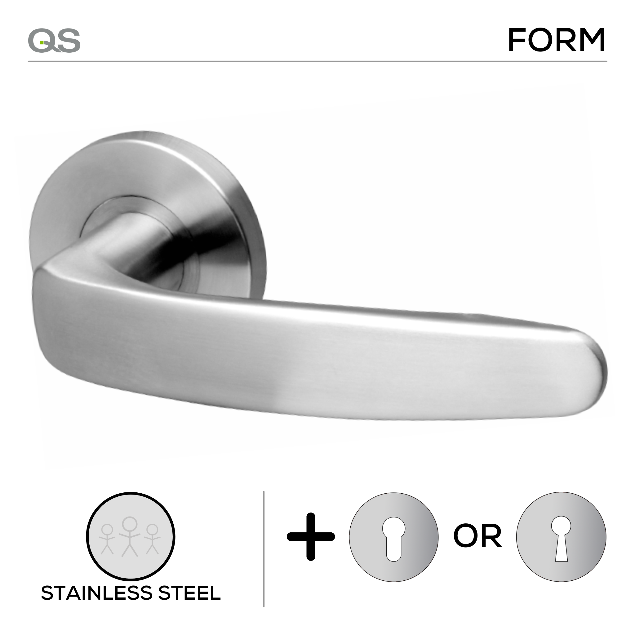 Skien, Lever Handles, Form, On Round Rose, With Escutcheons, Stainless Steel, QS