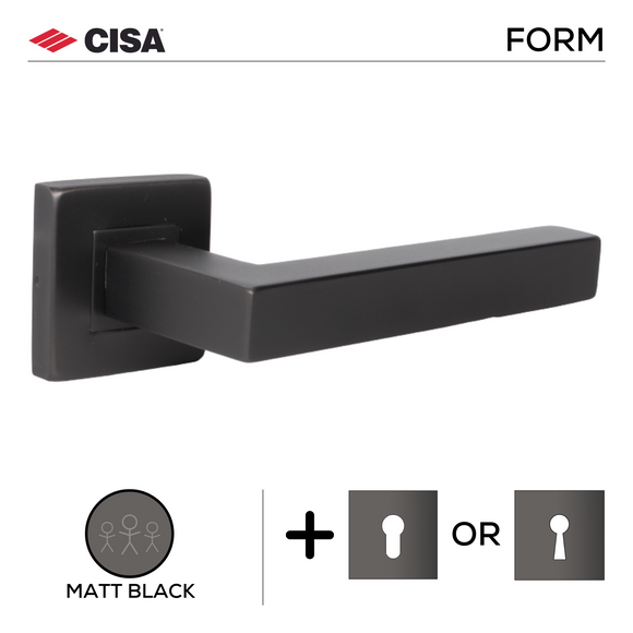 FS201.S._.MBL, Lever Handles, Form, On Square Rose, With Escutcheons, Matt Black, CISA