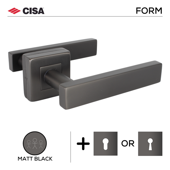 FS202.S._.MBL, Lever Handles, Form, On Square Rose, With Escutcheons, Matt Black, CISA