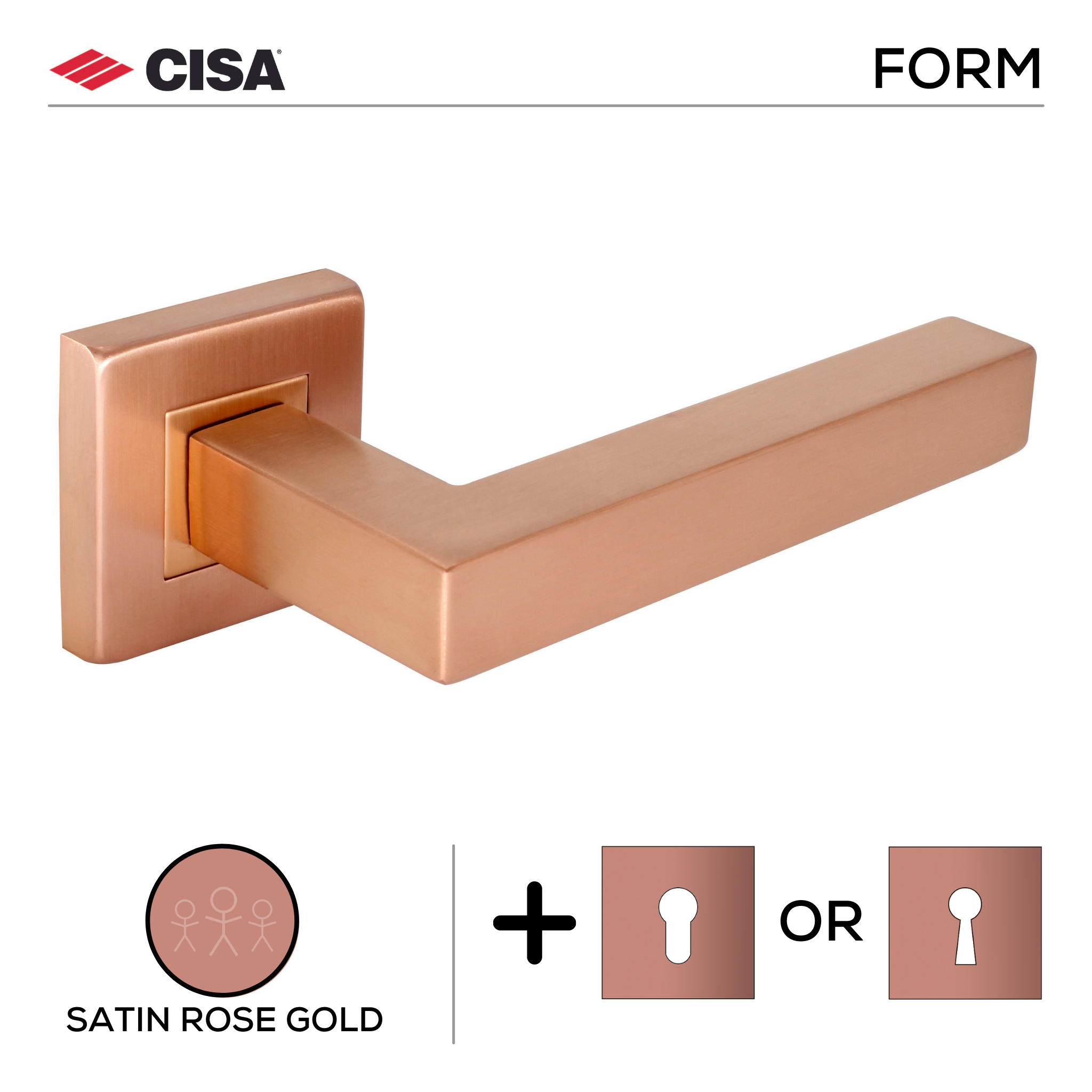 FS201.S._.SRG, Lever Handles, Form, On Square Rose, With Escutcheons, Satin Rose Gold, CISA