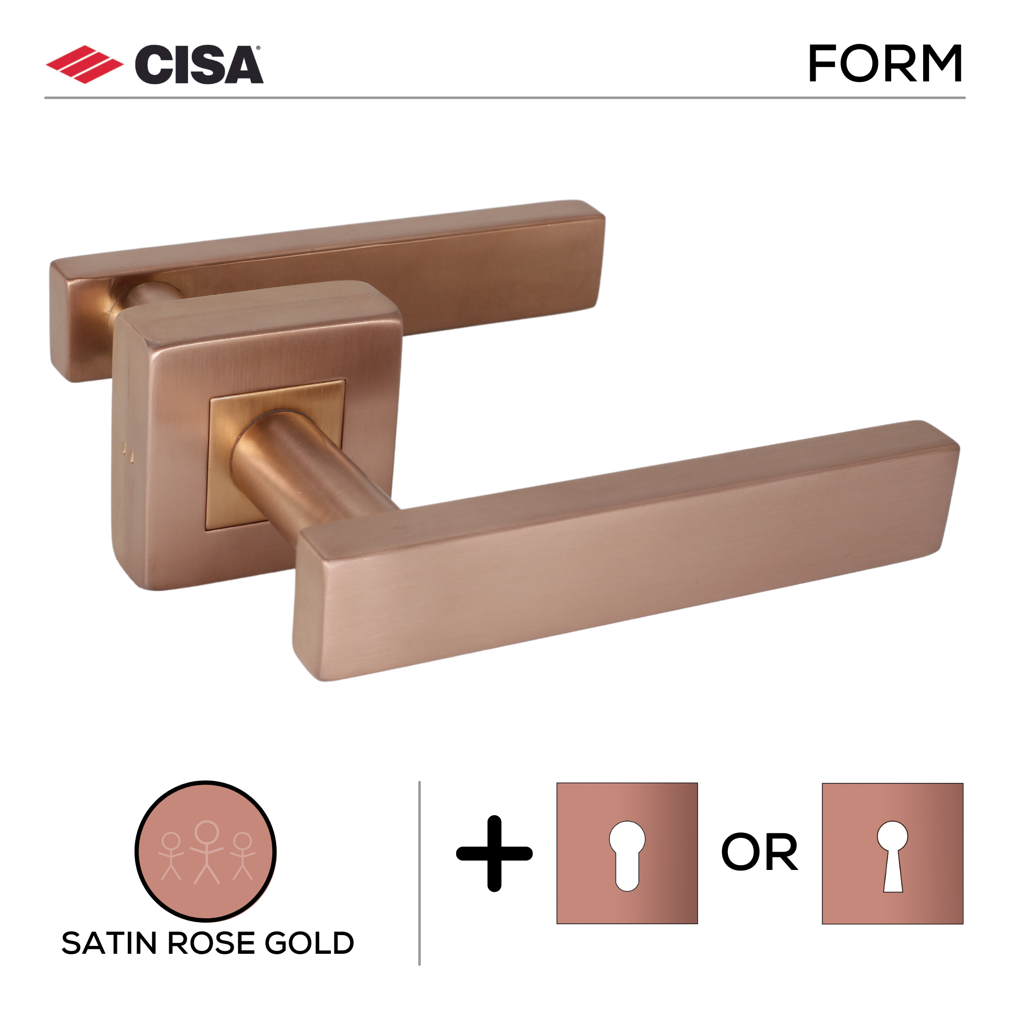 FS202.S._.SRG, Lever Handles, Form, On Square Rose, With Escutcheons, Satin Rose Gold, CISA