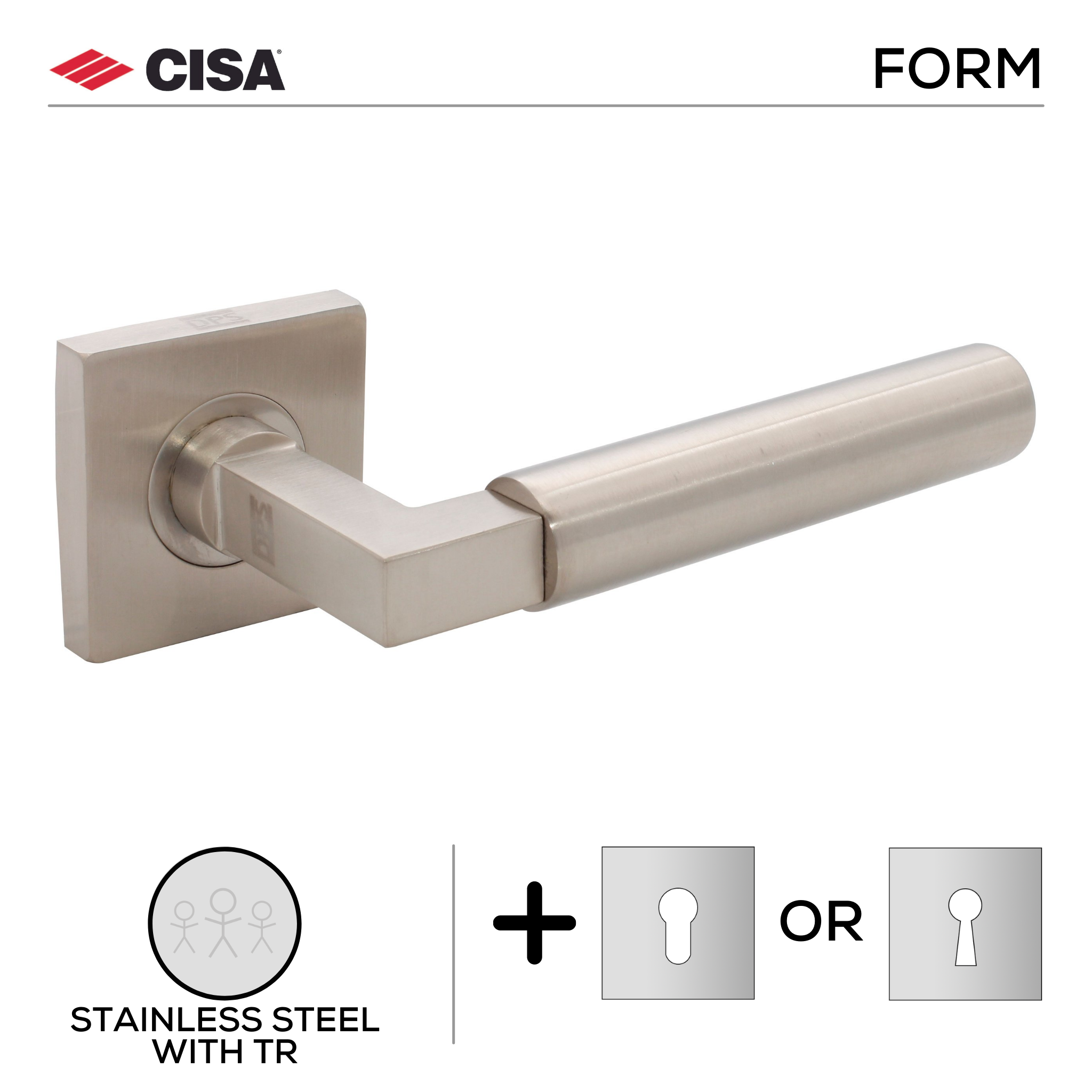 FS104.S._.TR, Lever Handles, Form, On Square Rose, With Escutcheons, 125mm (l), Stainless Steel with Tarnish Resistant, CISA
