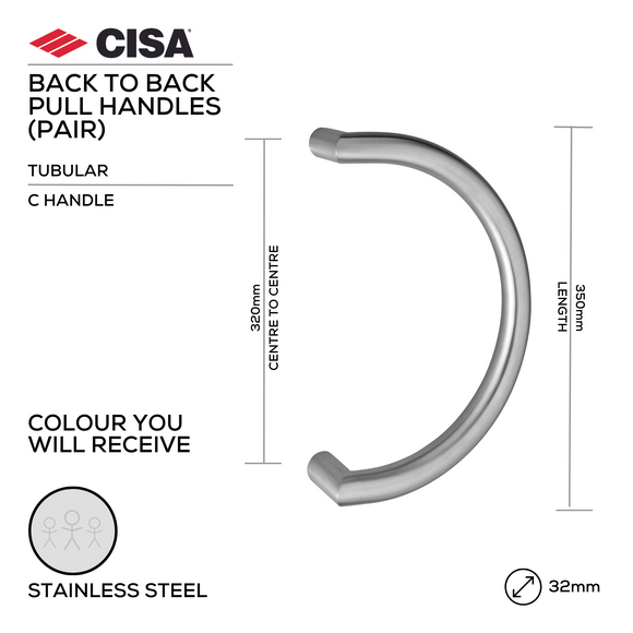 FP.C06.BB.SS, Pull Handle, Tubular, C Handle, BTB, 32mm (Ø) x 382mm (l) x 35mm (ctc), Stainless Steel, CISA
