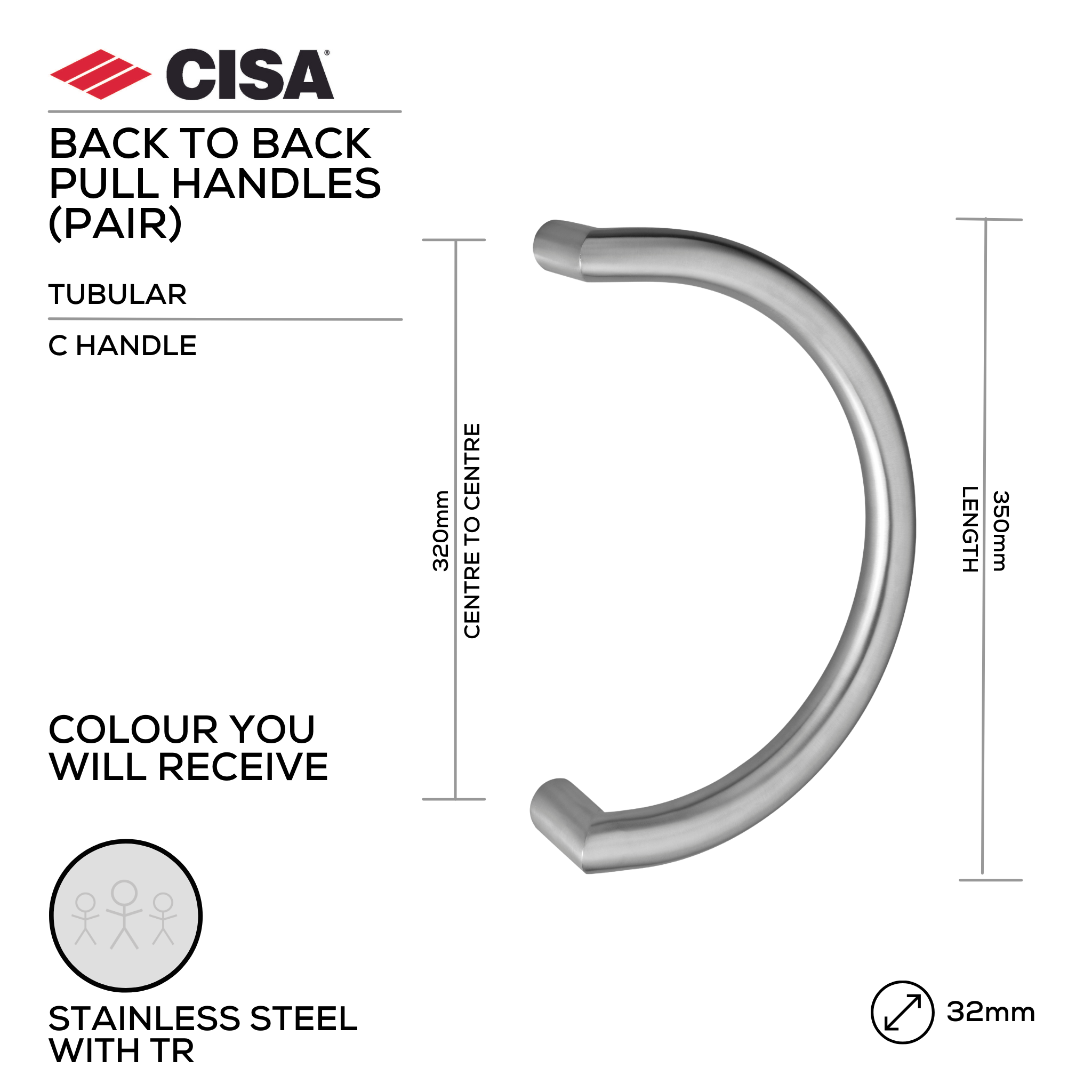 FP.C06.BB.TR, Pull Handle, Tubular, C Handle, BTB, 32mm (Ø) x 350mm (l) x 320mm (ctc), Stainless Steel with Tarnish Resistant, CISA