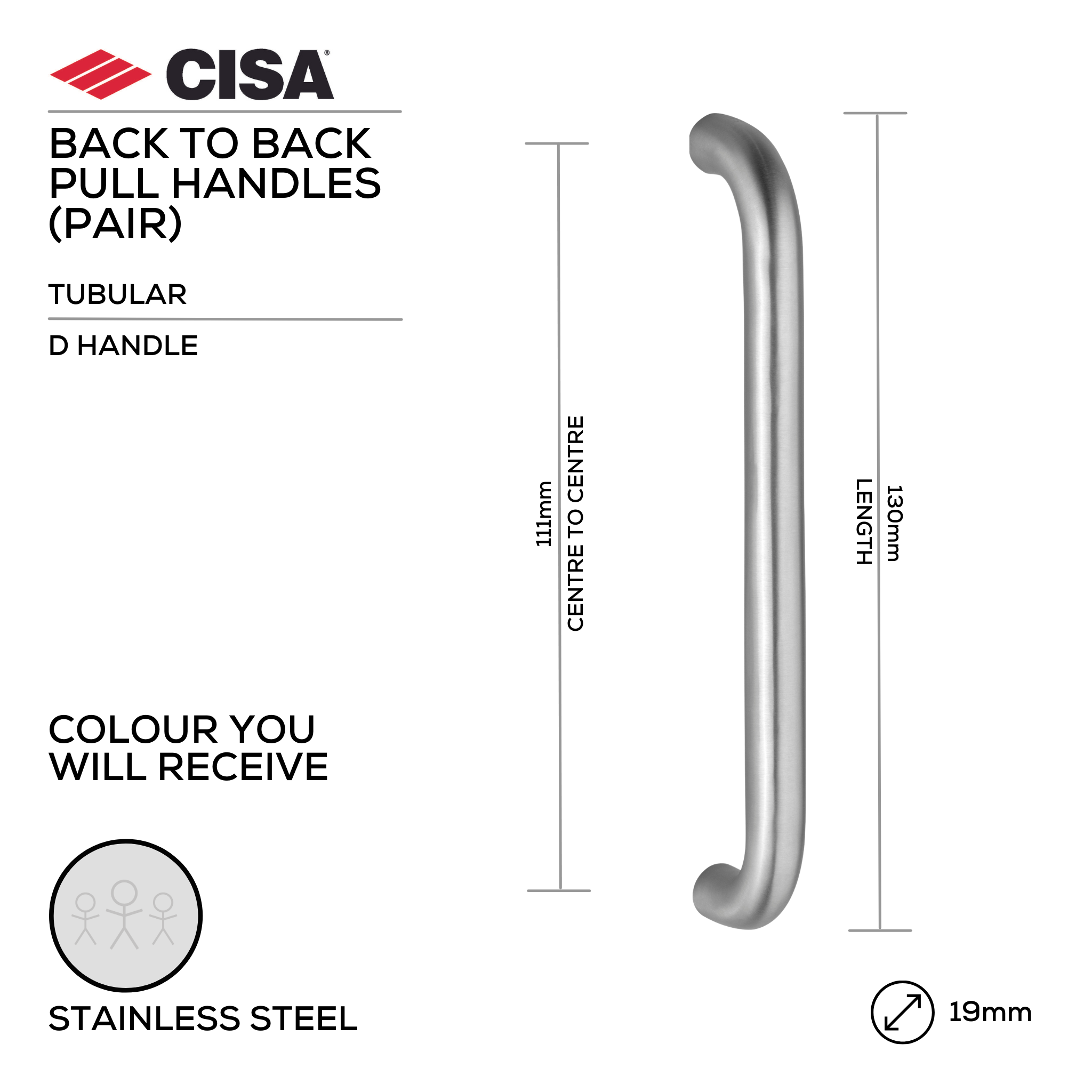 FP.D06.BB.SS, Pull Handle, Tubular, D Handle, BTB, 19mm (Ø) x 130mm (l) x 111mm (ctc), Stainless Steel, CISA