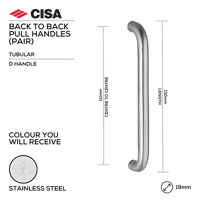 CISA Stainless Steel Pull Handle main product view for doors — strong stainless style, 19mm (Ø) x 130mm (l).