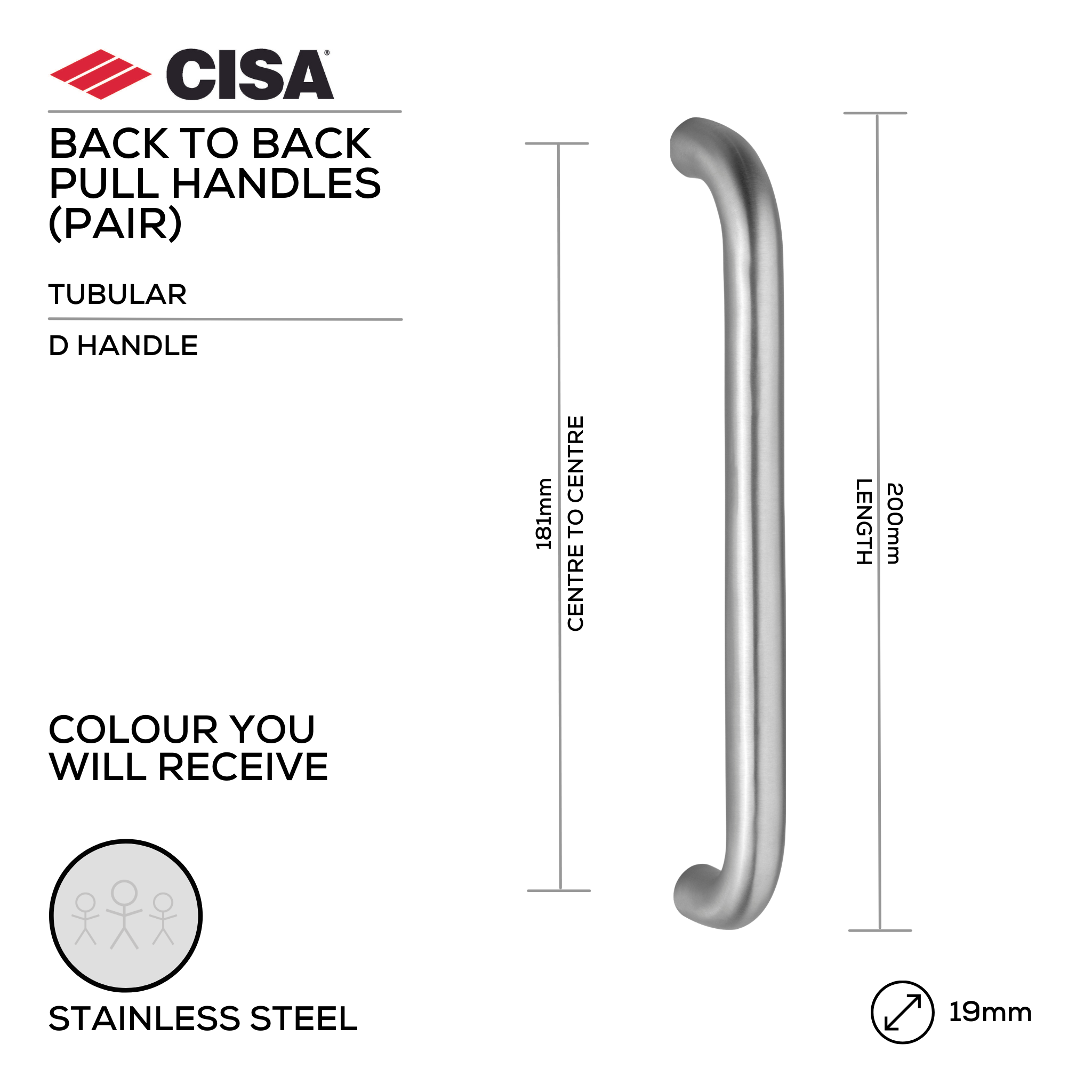 FP.D07.BB.SS, Pull Handle, Tubular, D Handle, BTB, 19mm (Ø) x 200mm (l) x 181mm (ctc), Stainless Steel, CISA