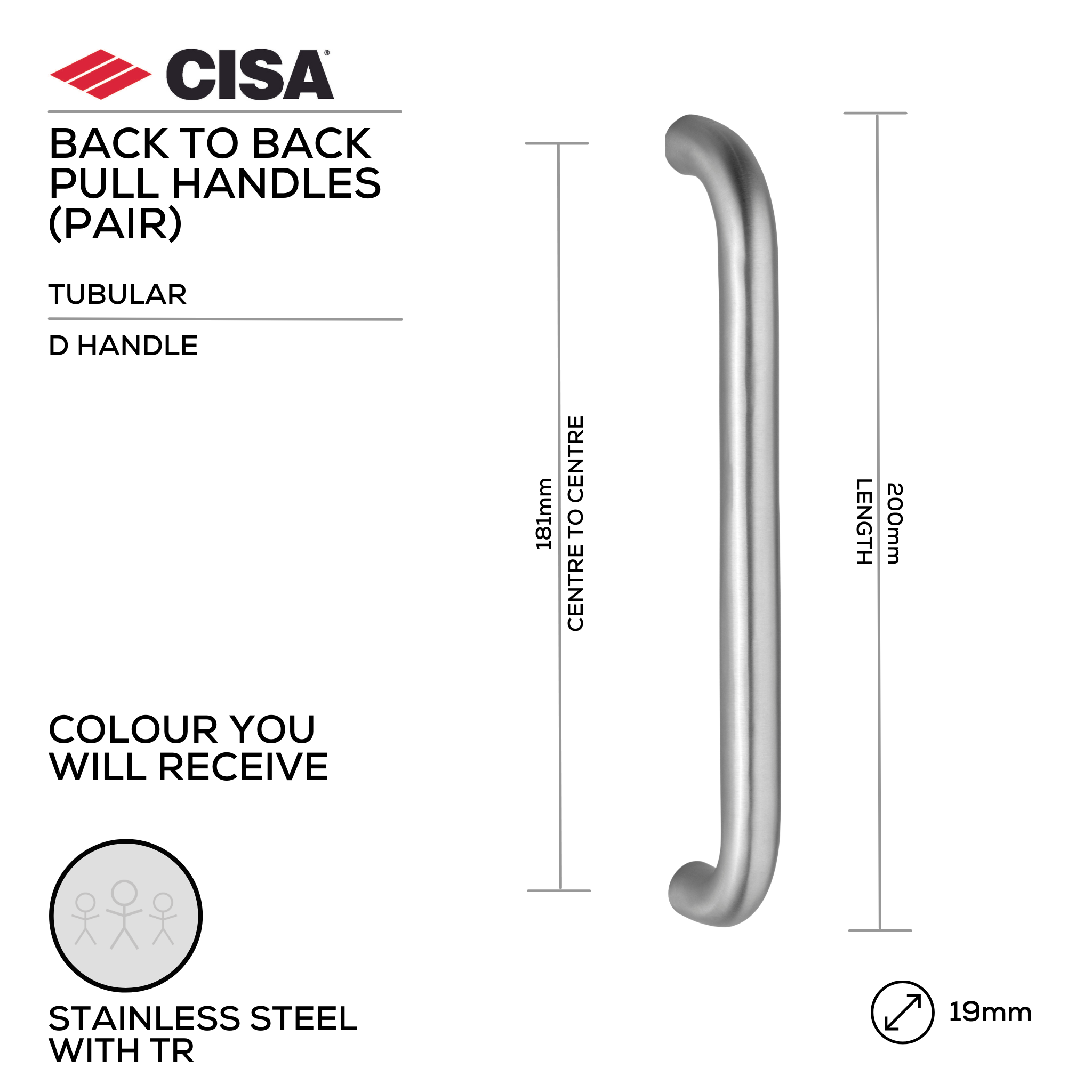 FP.D07.BB.TR, Pull Handle, Tubular, D Handle, BTB, 19mm (Ø) x 200mm (l) x 181mm (ctc), Stainless Steel with Tarnish Resistant, CISA