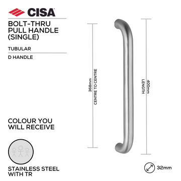 CISA Stainless Steel Pull Handle main product view; clean stainless confidence for a better door setup, 32mm (Ø) x 400mm (l).