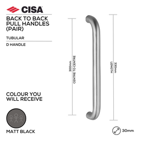 FP.D10.BB.MBL, Pull Handle, Tubular, D Handle, BTB, 30mm (Ø) x 330mm (l) x 300mm (ctc), Matt Black, CISA