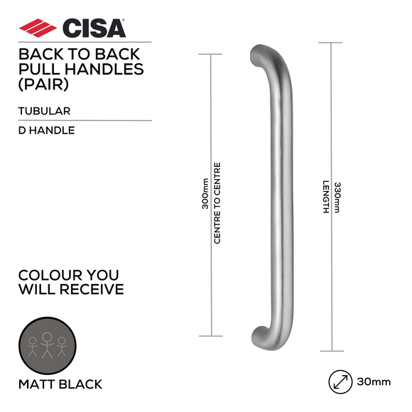 FP.D10.BB.MBL, Pull Handle, Tubular, D Handle, BTB, 30mm (Ø) x 330mm (l) x 300mm (ctc), Matt Black, CISA