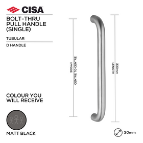 FP.D10.BTF.MBL, Pull Handle, Tubular, D Handle, BoltThru, 30mm (Ø) x 330mm (l) x 300mm (ctc), Matt Black, CISA