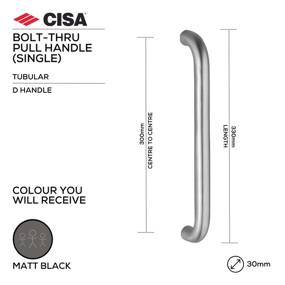 FP.D10.BTF.MBL, Pull Handle, Tubular, D Handle, BoltThru, 30mm (Ø) x 330mm (l) x 300mm (ctc), Matt Black, CISA