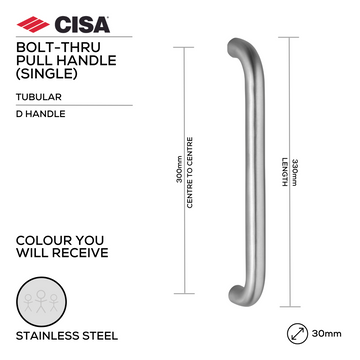 Main product view showing CISA Stainless Steel Pull Handle — tough stainless shine for doors, 30mm (Ø) x 330mm (l).