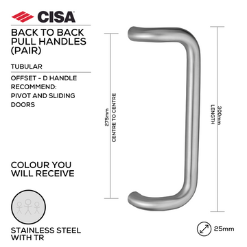 CISA Stainless Steel Pull Handle for doors, main product view with strong stainless style, 25mm (Ø) x 300mm (l).