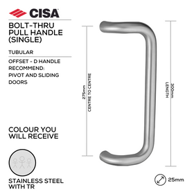 FP.D20.BTF.TR, Pull Handle, Tubular, Offset, D Handle, BoltThru, 25mm (Ø) x 300mm (l) x 275mm (ctc), Stainless Steel with Tarnish Resistant, CISA
