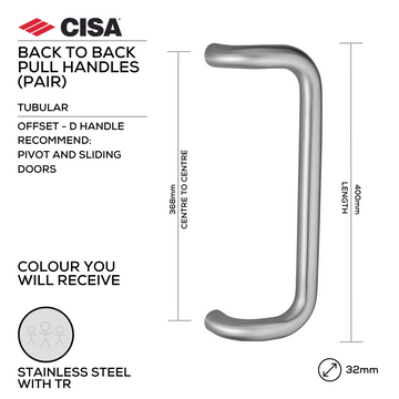 CISA Stainless Steel Pull Handle for doors, main product view with strong stainless style, 32mm (Ø) x 400mm (l).