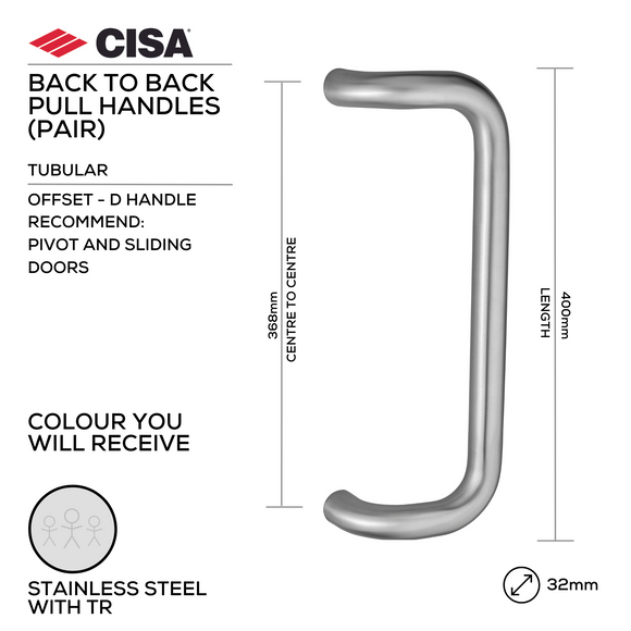 FP.D21.BB.TR, Pull Handle, Tubular, Offset, D Handle, BTB, 32mm (Ø) x 400mm (l) x 368mm (ctc), Stainless Steel with Tarnish Resistant, CISA