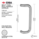 FP.D21.BTF.TR, Pull Handle, Tubular, Offset, D Handle, BoltThru, 32mm (Ø) x 400mm (l) x 368mm (ctc), Stainless Steel with Tarnish Resistant, CISA-1