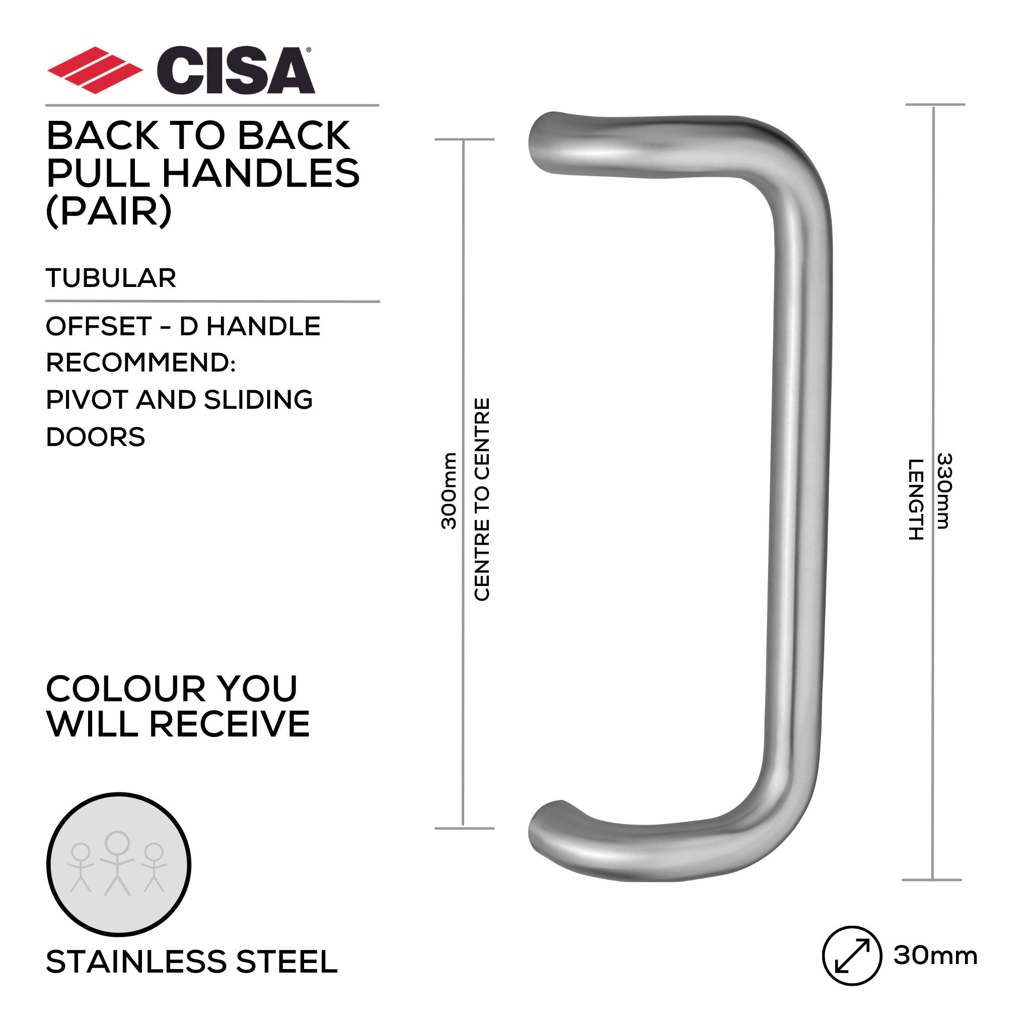FP.D22.BB.SS, Pull Handle, Tubular, Offset, D Handle, BTB, 30mm (Ø) x 330mm (l) x 300mm (ctc), Stainless Steel, CISA