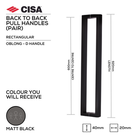 FP.OB09.BB.MBL, Pull Handle, Rectangular, Oblong, D Handle, BTB, 40x20mm x 620mm (l) x 600mm (ctc), Matt Black, CISA