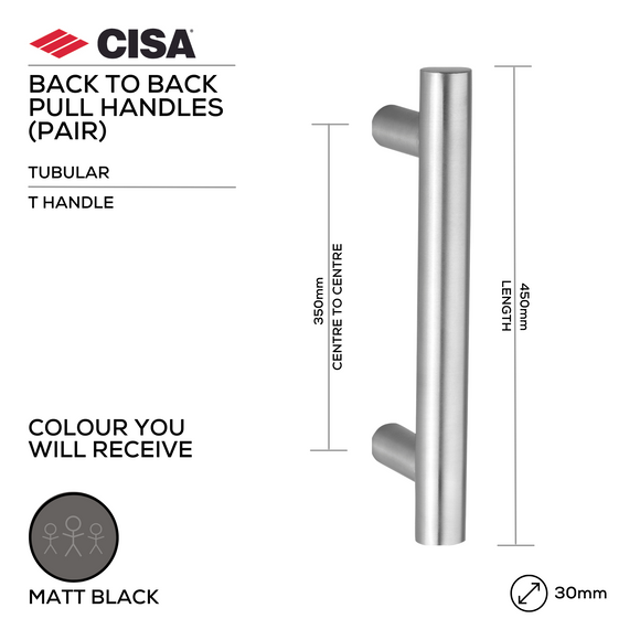 FP.OT41.BB.MBL, Pull Handle, Tubular, T Handle, BTB, 30mm (Ø) x 450mm (l) x 350mm (ctc), Matt Black, CISA