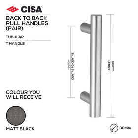 FP.OT42.BB.MBL, Pull Handle, Tubular, T Handle, BTB, 30mm (Ø) x 600mm (l) x 450mm (ctc), Matt Black, CISA