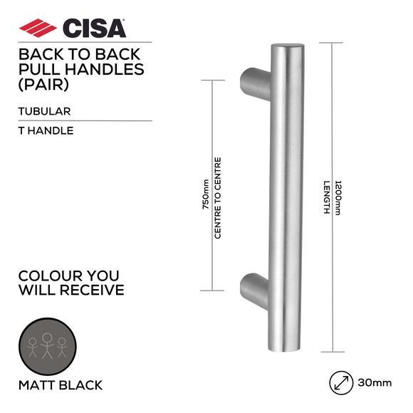FP.OT44.BB.MBL, Pull Handle, Tubular, T Handle, BTB, 30mm (Ø) x 1200mm (l) x 750mm (ctc), Matt Black, CISA