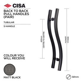 FP.S02.BB.MBL, Pull Handle, Tubular, S Handle, BTB, 32mm (Ø) x 600mm (l) x 400mm (ctc), Matt Black, CISA