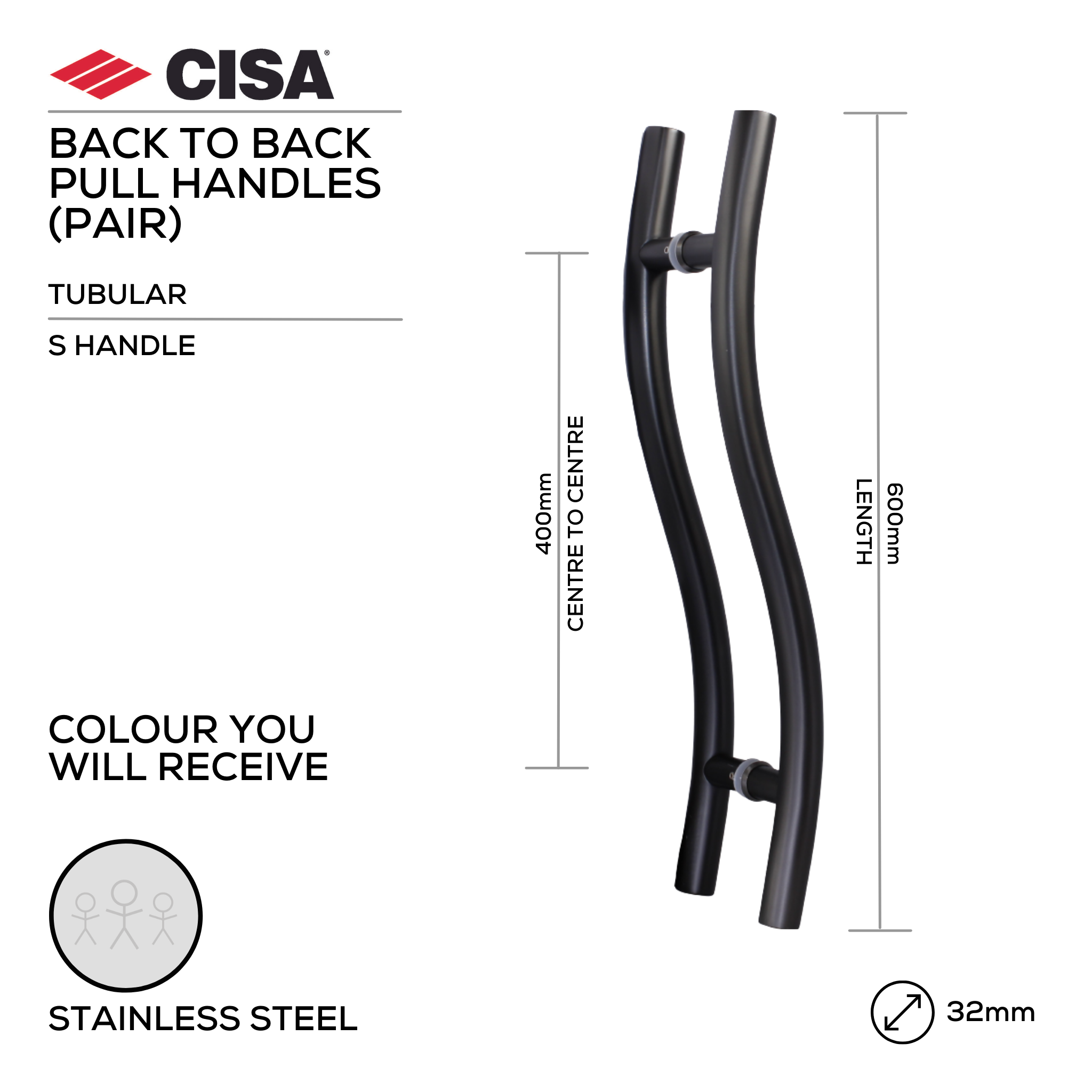 FP.S02.BB.SS, Pull Handle, Tubular, S Handle, BTB, 32mm (Ø) x 600mm (l) x 400mm (ctc), Stainless Steel, CISA